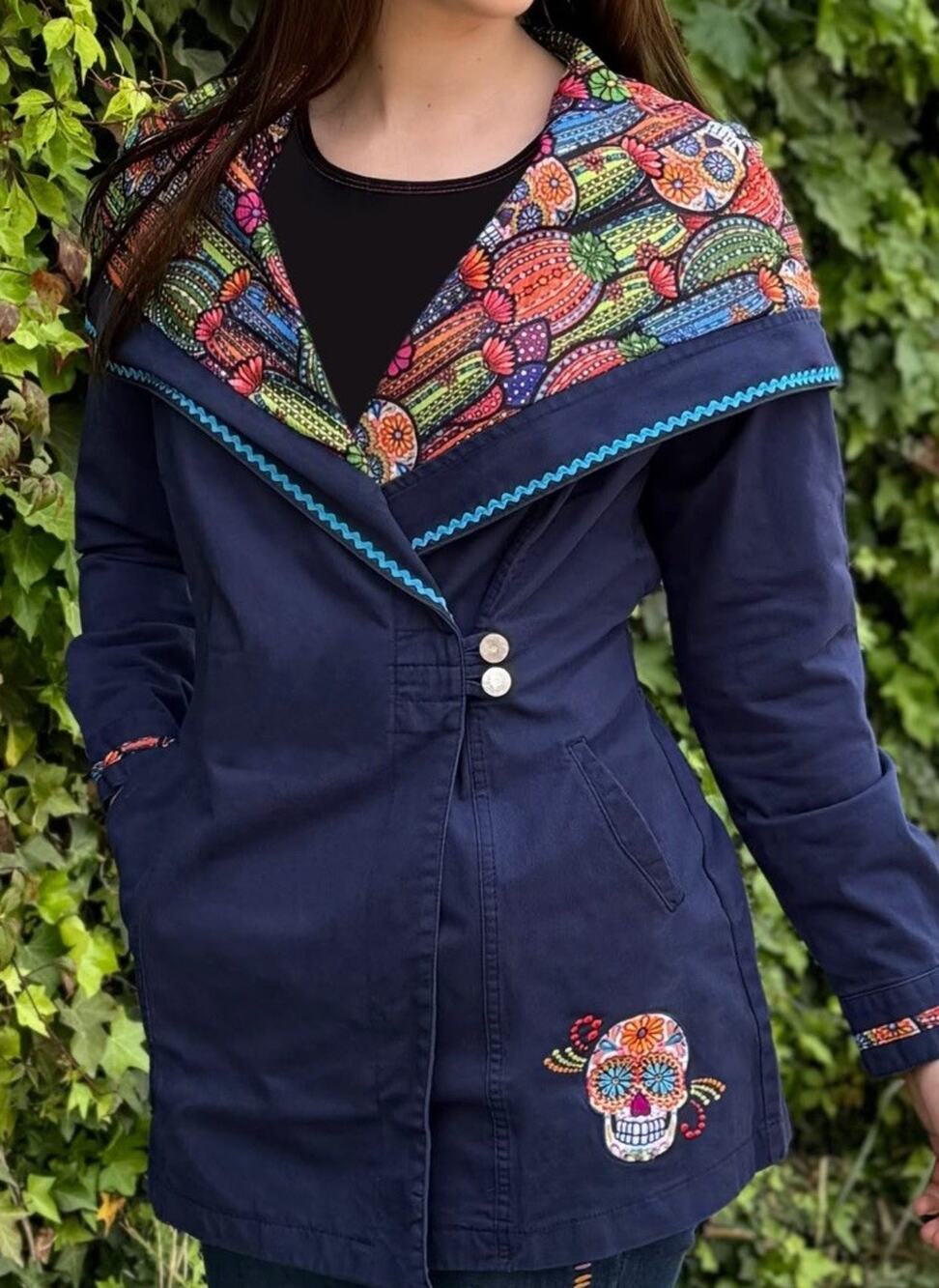 Ay Güey! Blue Colorful Skeleton Floral Day Of The Dead Festive Holiday Jacket M